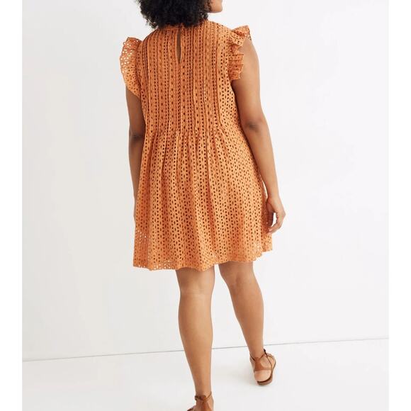 Madewell Eyelet Ruffle Sleeve Pintuck Mini Dress Mulled Cider Orange Layered XS - Picture 2 of 9